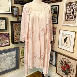 80s Vintage Deadstock JCPenney Pink Floral Nylon Midi Nightie and Robe Set M
